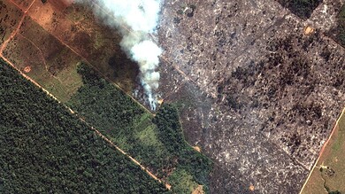 Amazon rainforest fire causing smoke and environmental damage.