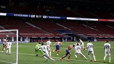 Atlético Madrid players in action during a La Liga football match at the stadium.
