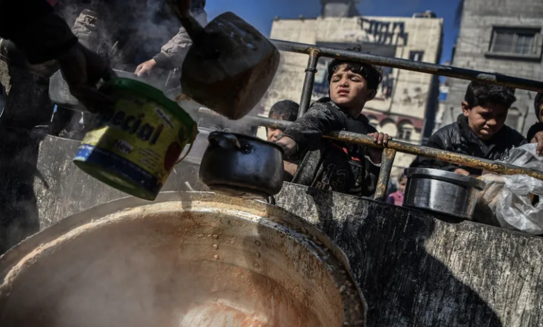 أطفال فلسطينيون يتزاحمون للحصول على الطعام في رفح بجنوب قطاع غزة. 1 فبراير 2024