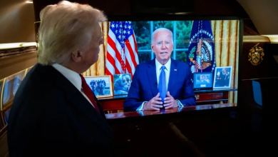 Republican candidate in the US presidential elections, Donald Trump, follows US President Joe Biden's speech. July 24, 2024